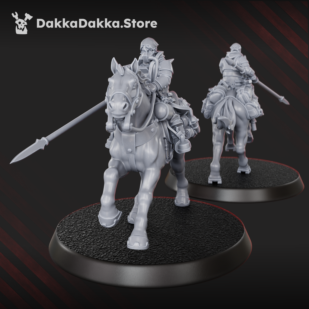 Sci-fi cavalry rider by DakkaDakka carrying a long spear on a mounted horse miniature.