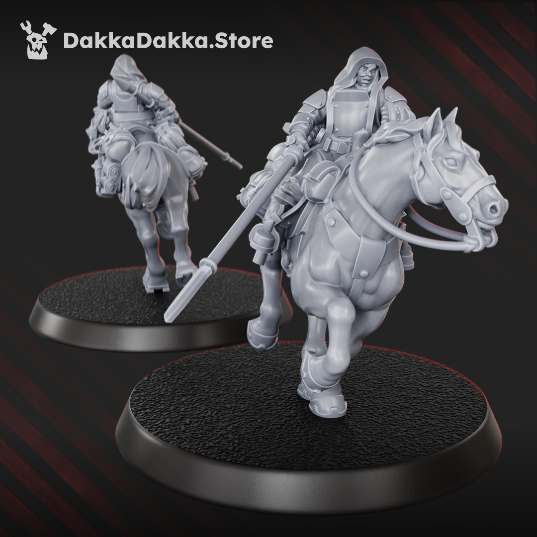 Mounted rider miniature by DakkaDakka with long lance, hooded armor, horse gear, and sci-fi cavalry details.