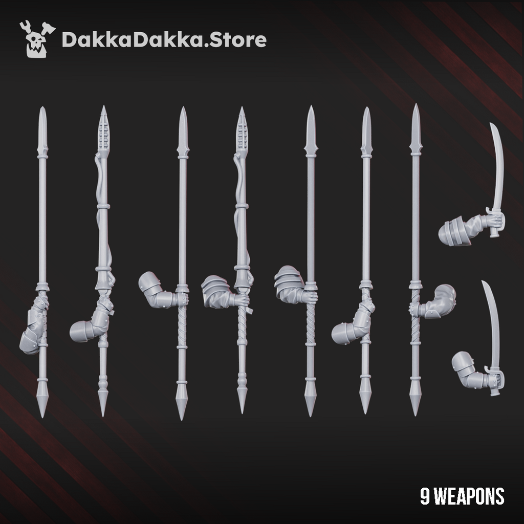 Weapon options for Alcat Rats Assault Riders by DakkaDakka, showing lances, spears, sabers, and mounted cavalry arms.
