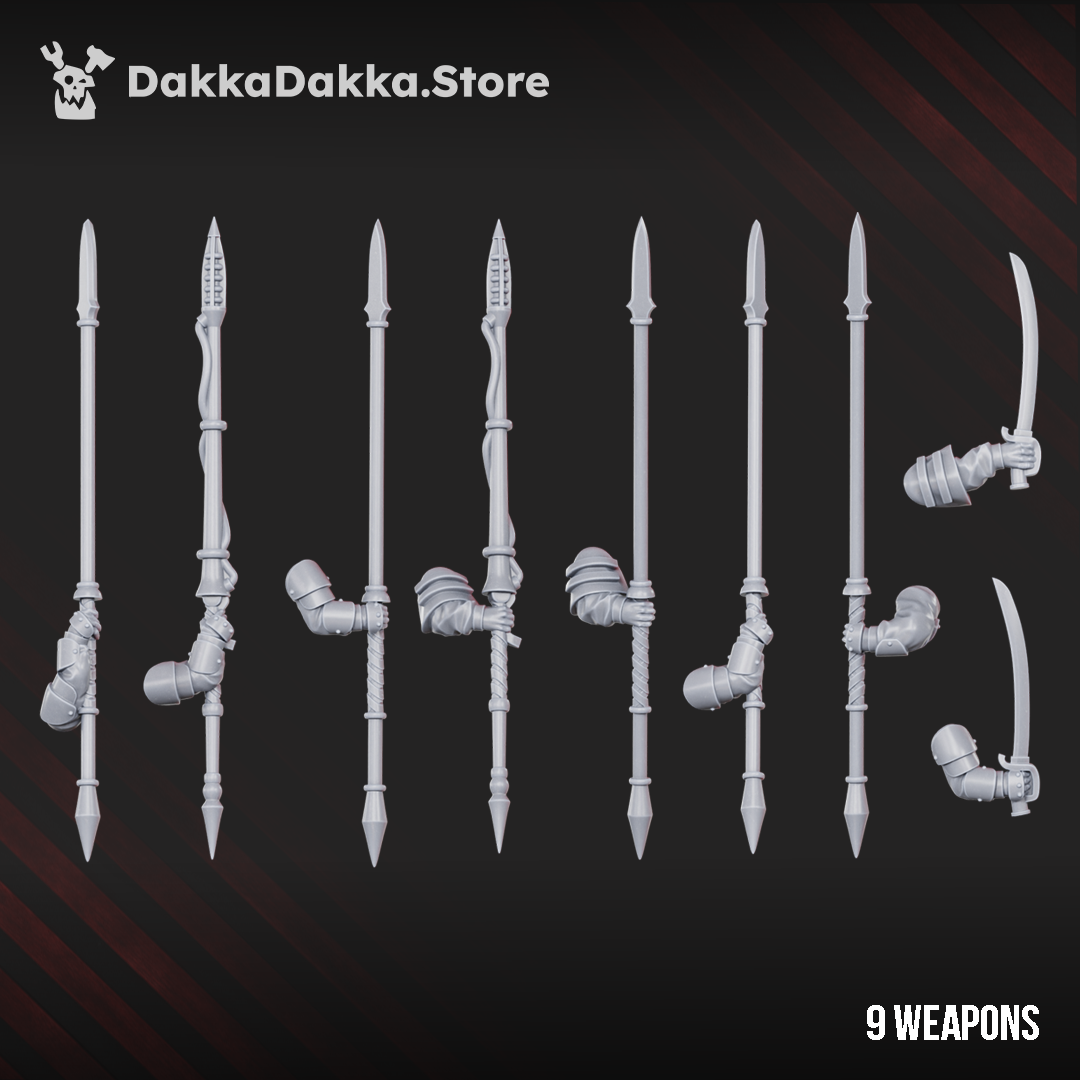 Weapon options for Alcat Rats Assault Riders by DakkaDakka, showing lances, spears, sabers, and mounted cavalry arms.