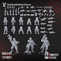 Full Alcat Rats Infantry Squad modular build kit by DakkaDakka with bodies, heads, backpacks, arms, weapons, and assembled examples.