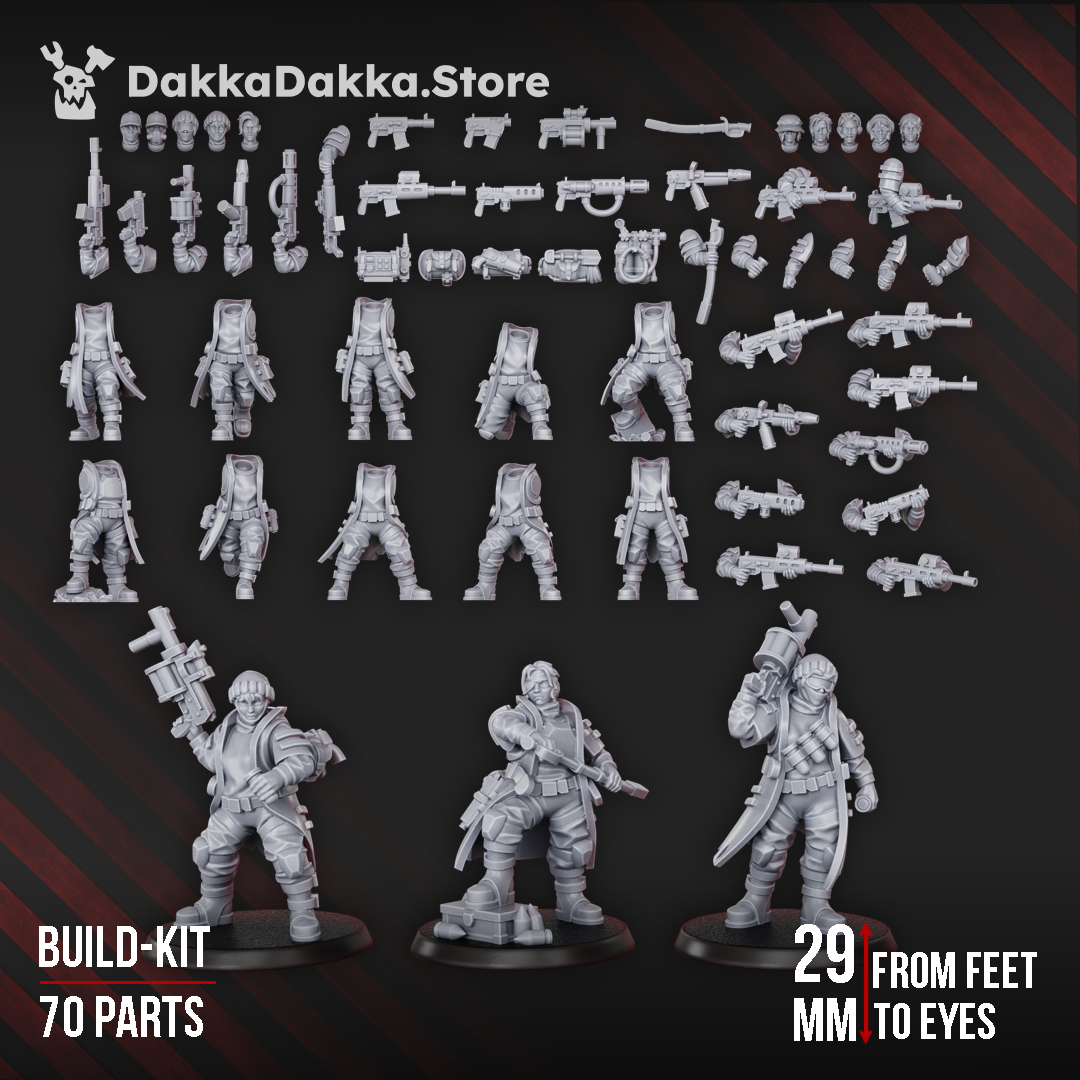 Full Alcat Rats Infantry Squad modular build kit by DakkaDakka with bodies, heads, backpacks, arms, weapons, and assembled examples.