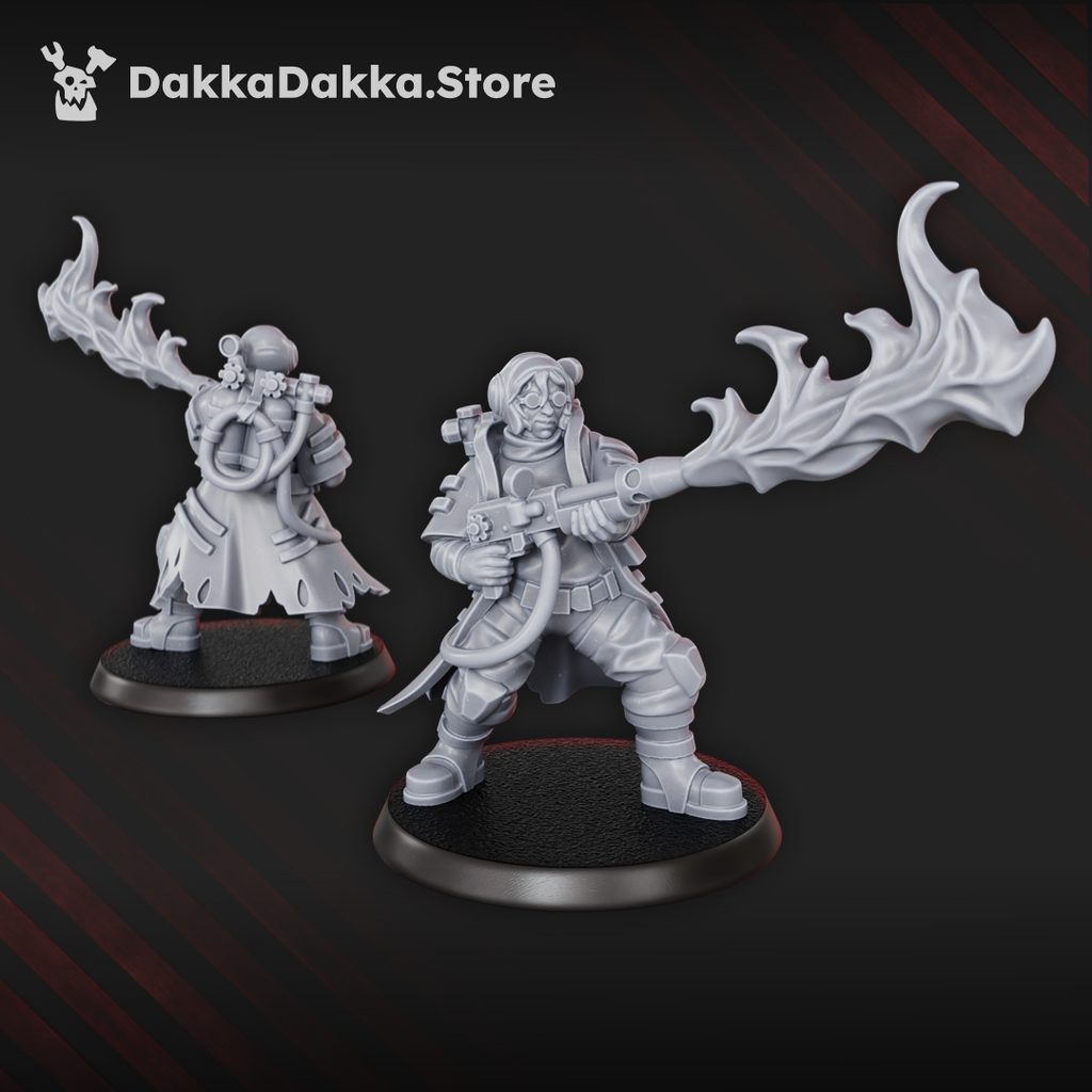 Close-up view of an Alcat Rats specialist preassembled resin miniature by DakkaDakka with a dramatic flame-effect weapon and rugged sci-fi gear.