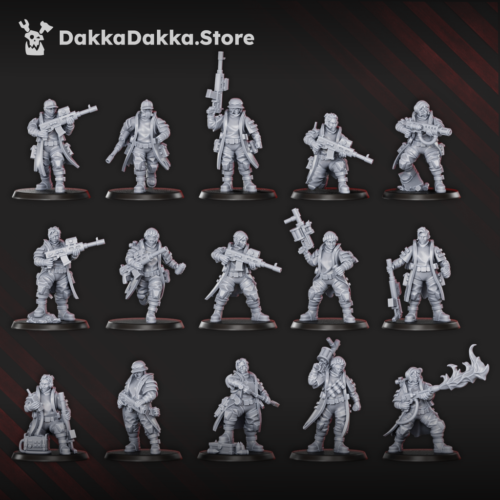 Full Alcat Rats Infantry Squad preassembled resin miniatures by DakkaDakka, showing 15 individual sci-fi infantry models.
