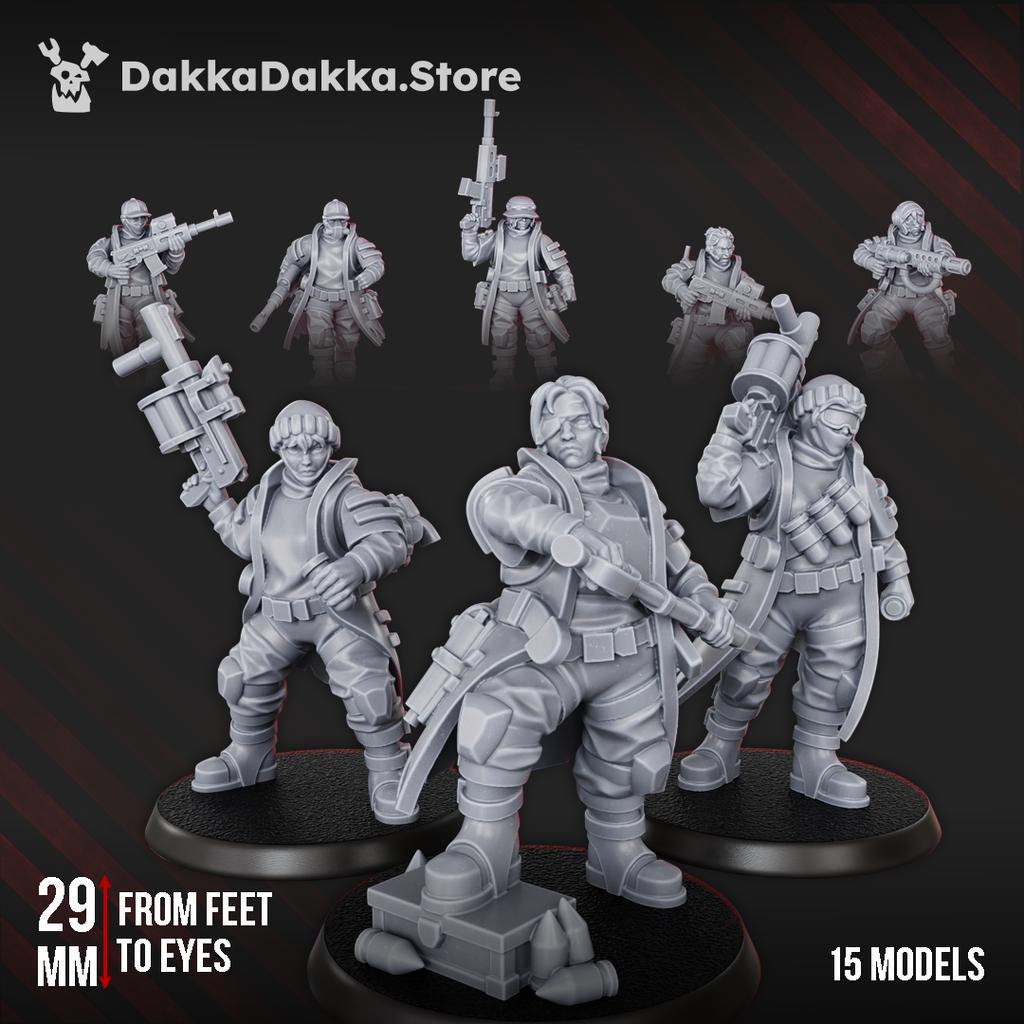 Alcat Rats Infantry Squad preassembled resin miniatures by DakkaDakka, showing a full 15-model sci-fi human infantry squad with rugged militia-style gear and weapons.