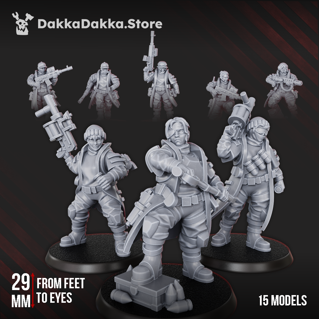 Alcat Rats Infantry Squad preassembled resin miniatures by DakkaDakka, showing a full 15-model sci-fi human infantry squad with rugged militia-style gear and weapons.