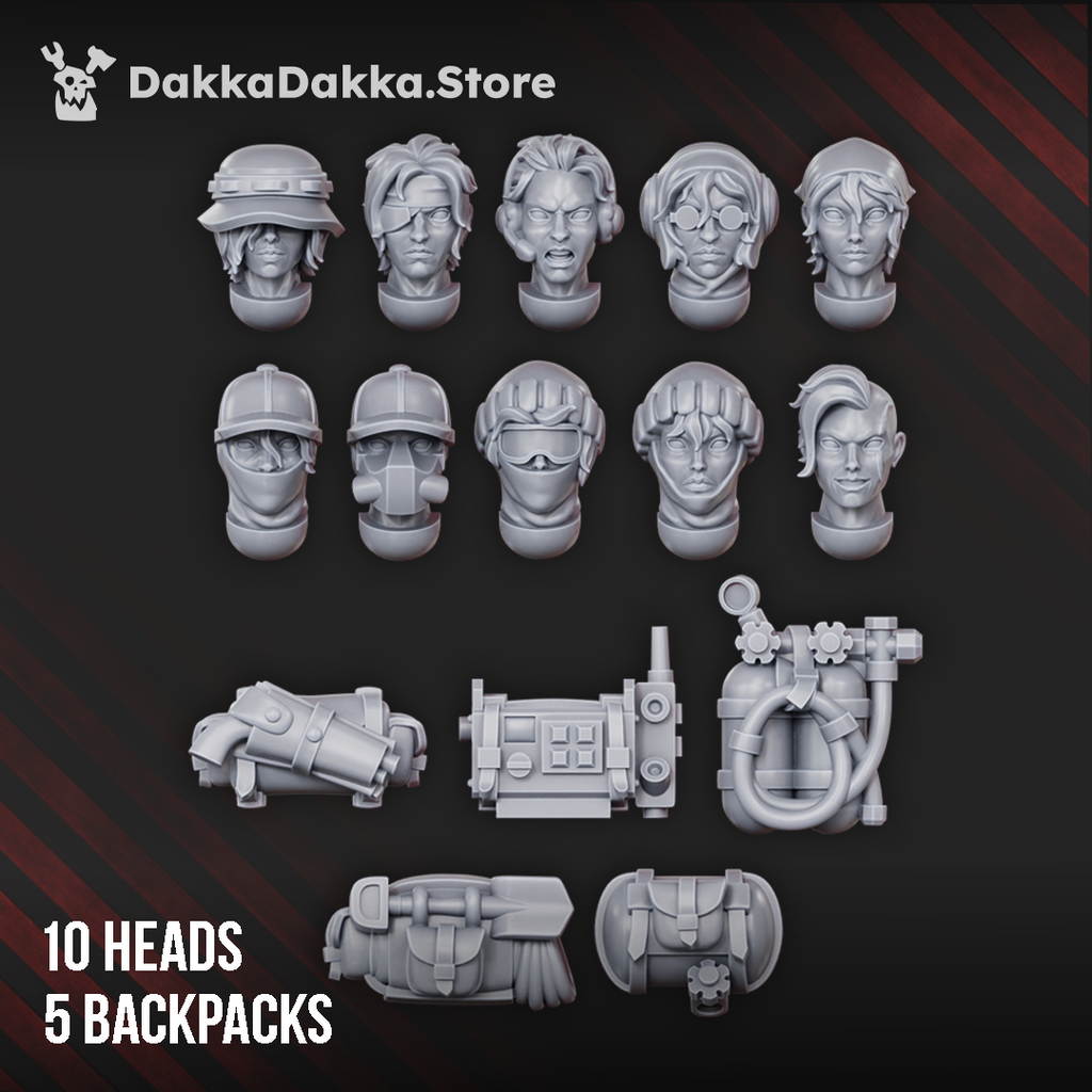 Alcat Rats Infantry Squad modular head options and backpack components by DakkaDakka for customizable resin sci-fi miniatures.