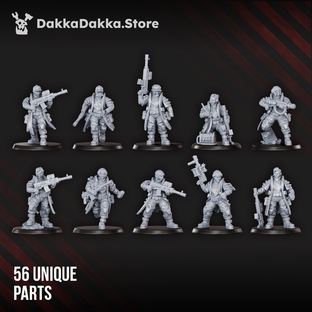 Assembled Alcat Rats Infantry Squad modular resin miniatures by DakkaDakka, showing a 10-model sci-fi infantry squad.