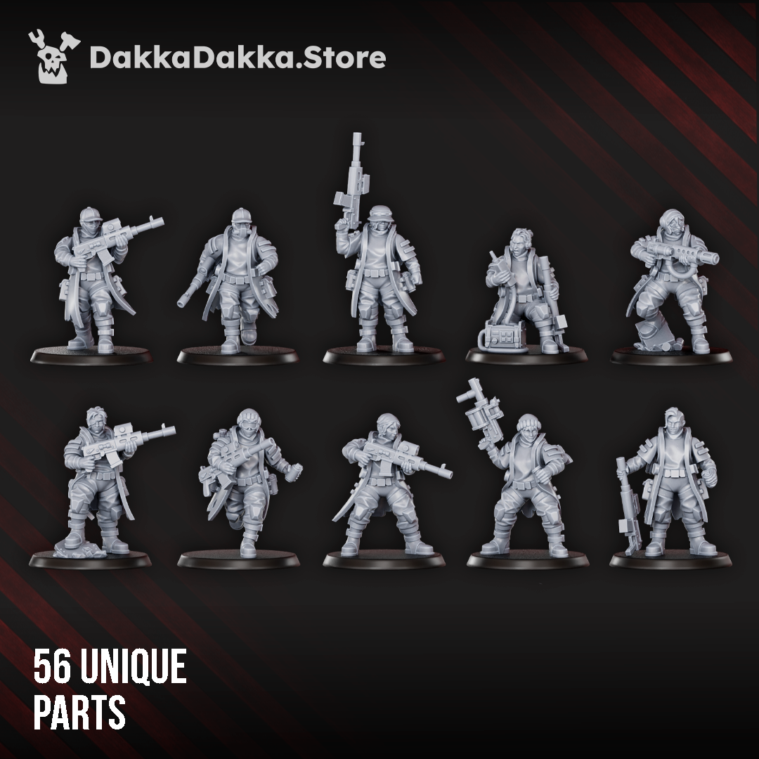 Assembled Alcat Rats Infantry Squad modular resin miniatures by DakkaDakka, showing a 10-model sci-fi infantry squad.