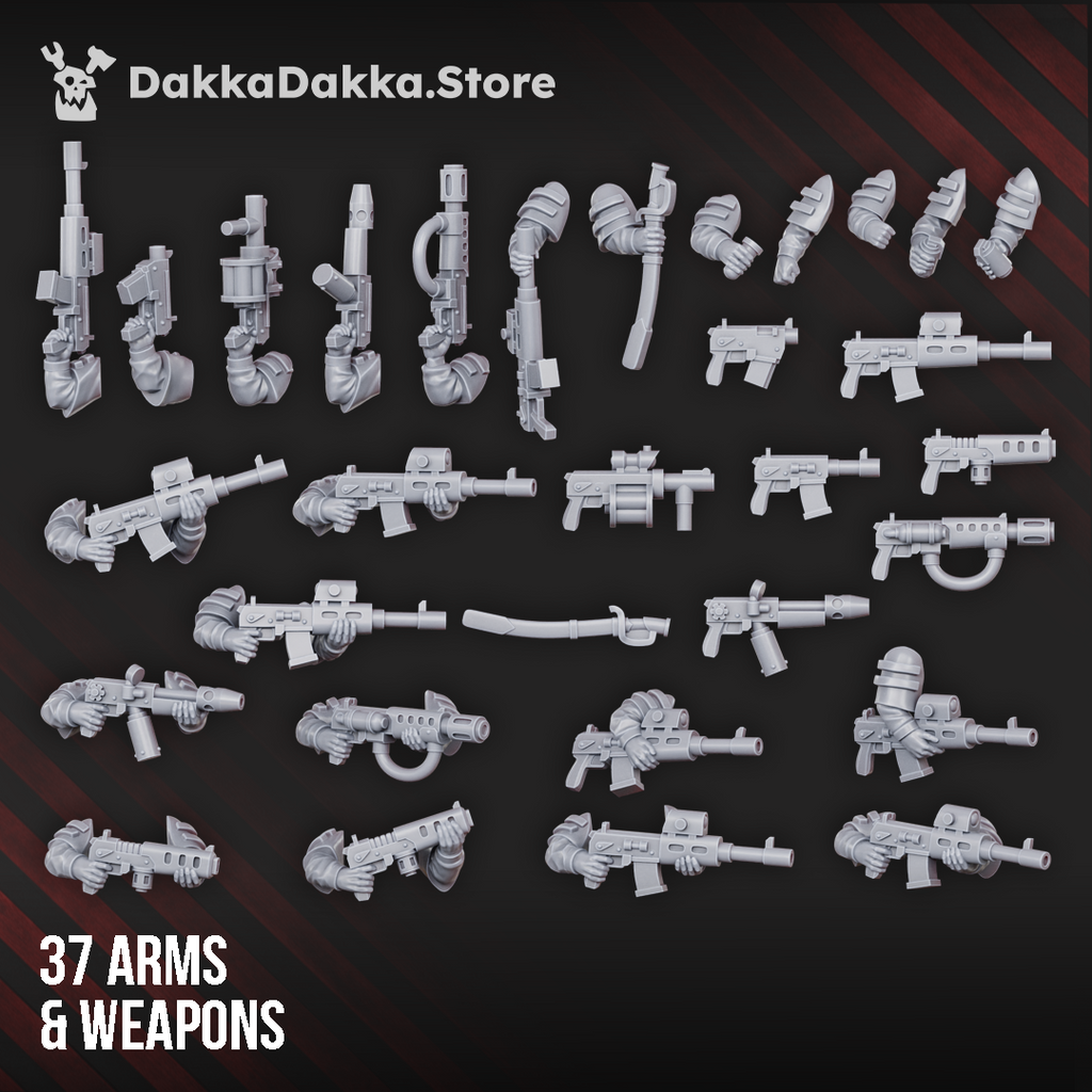 Alcat Rats Infantry Squad modular arms and weapons by DakkaDakka, including multiple sci-fi firearm and melee options.