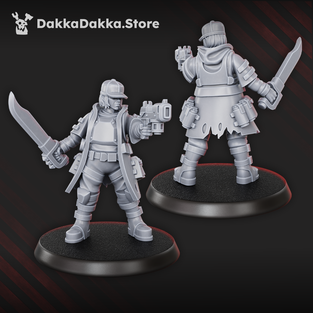 Human sci-fi specialist miniature by DakkaDakka holding a pistol and large blade, shown with front and rear angles.