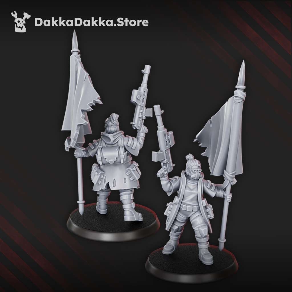 Alcat Rats Master Squad banner carrier by DakkaDakka with rifle, ragged flag, armor, and sci-fi gear.