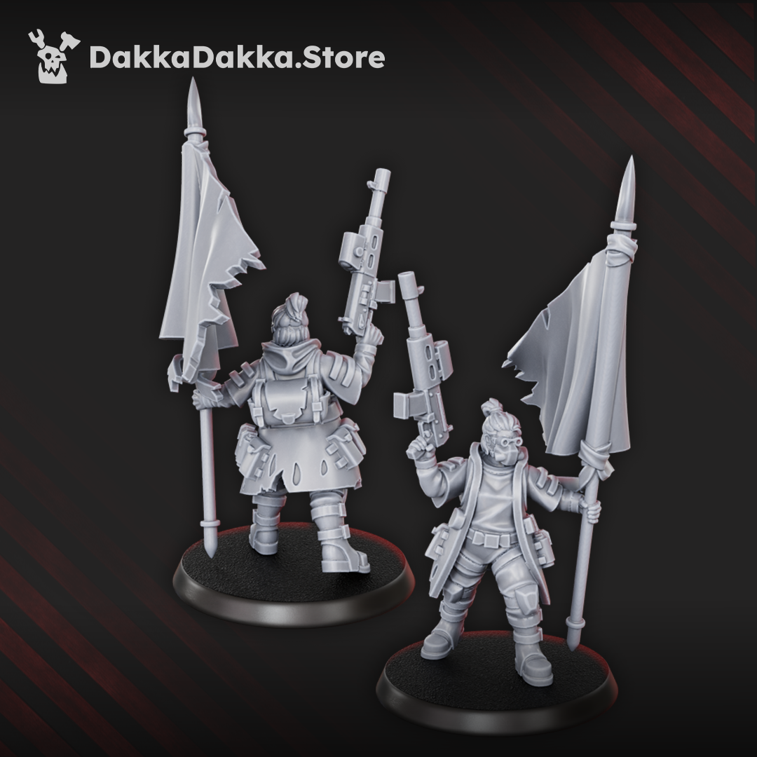 Alcat Rats Master Squad banner carrier by DakkaDakka with rifle, ragged flag, armor, and sci-fi gear.
