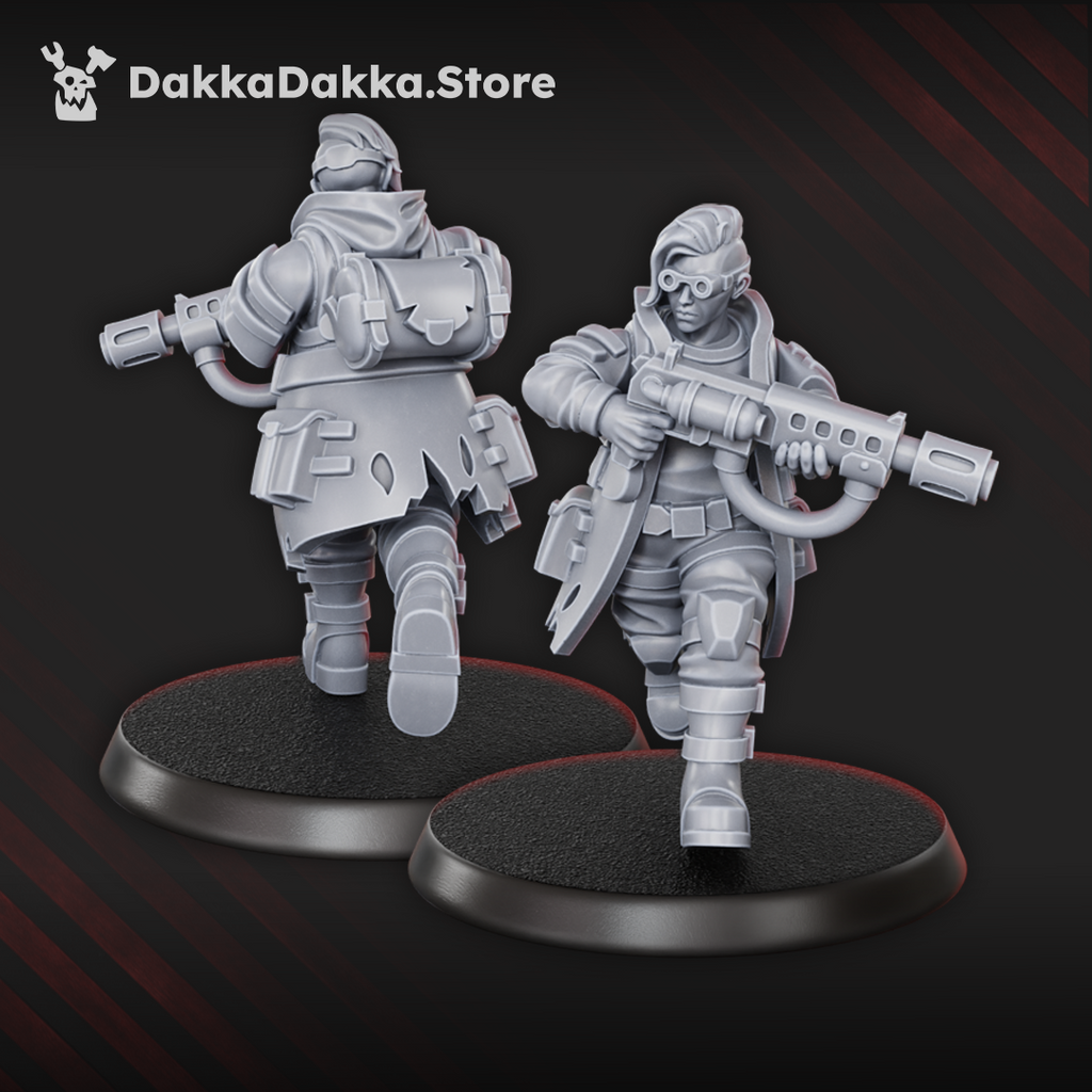 Alcat Rats Master Squad runner miniature by DakkaDakka holding a rifle, shown from front and rear views.