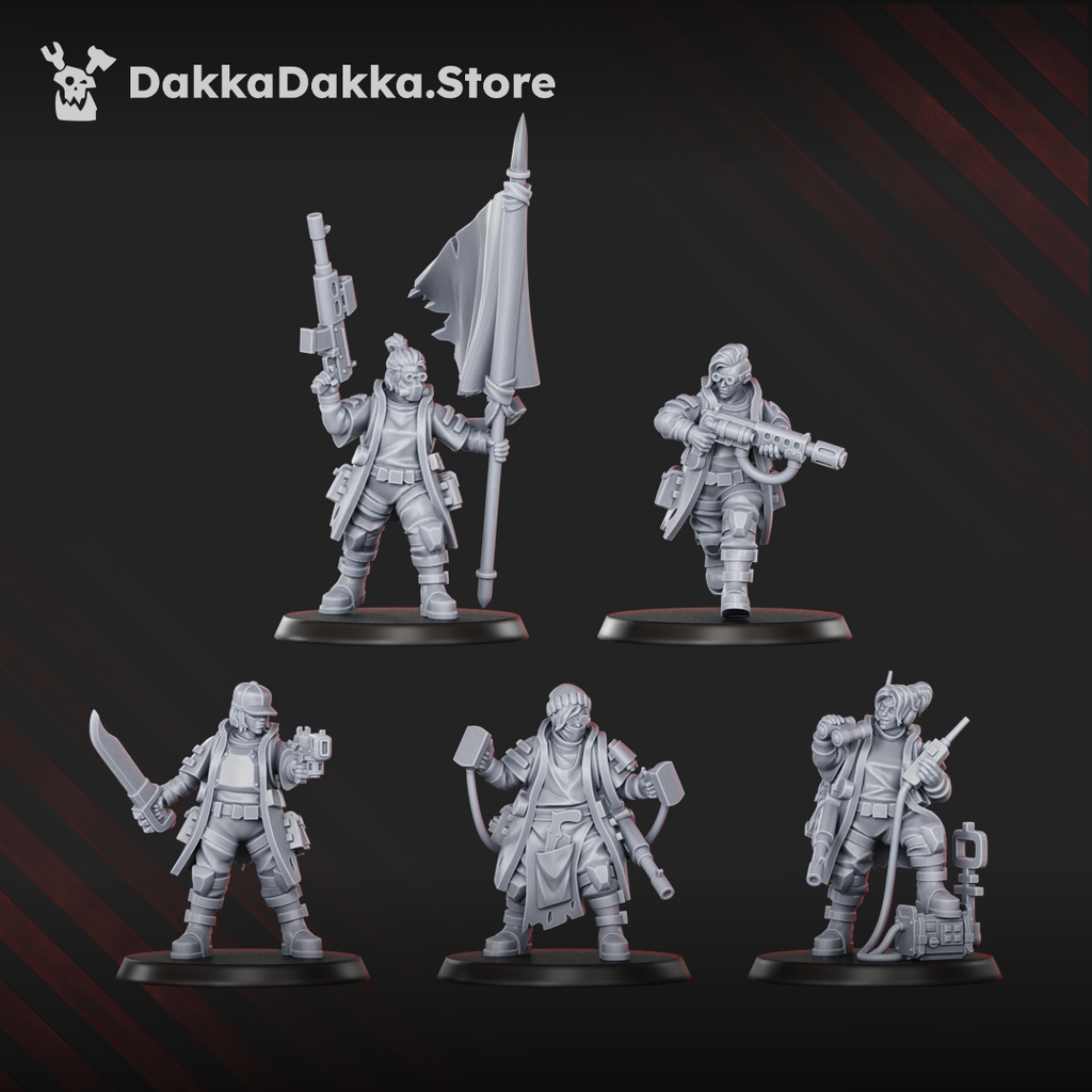 Alcat Rats Master Squad preassembled miniatures by DakkaDakka, showing 5 human sci-fi specialist models with rifles, blades, gear, and a ragged banner.