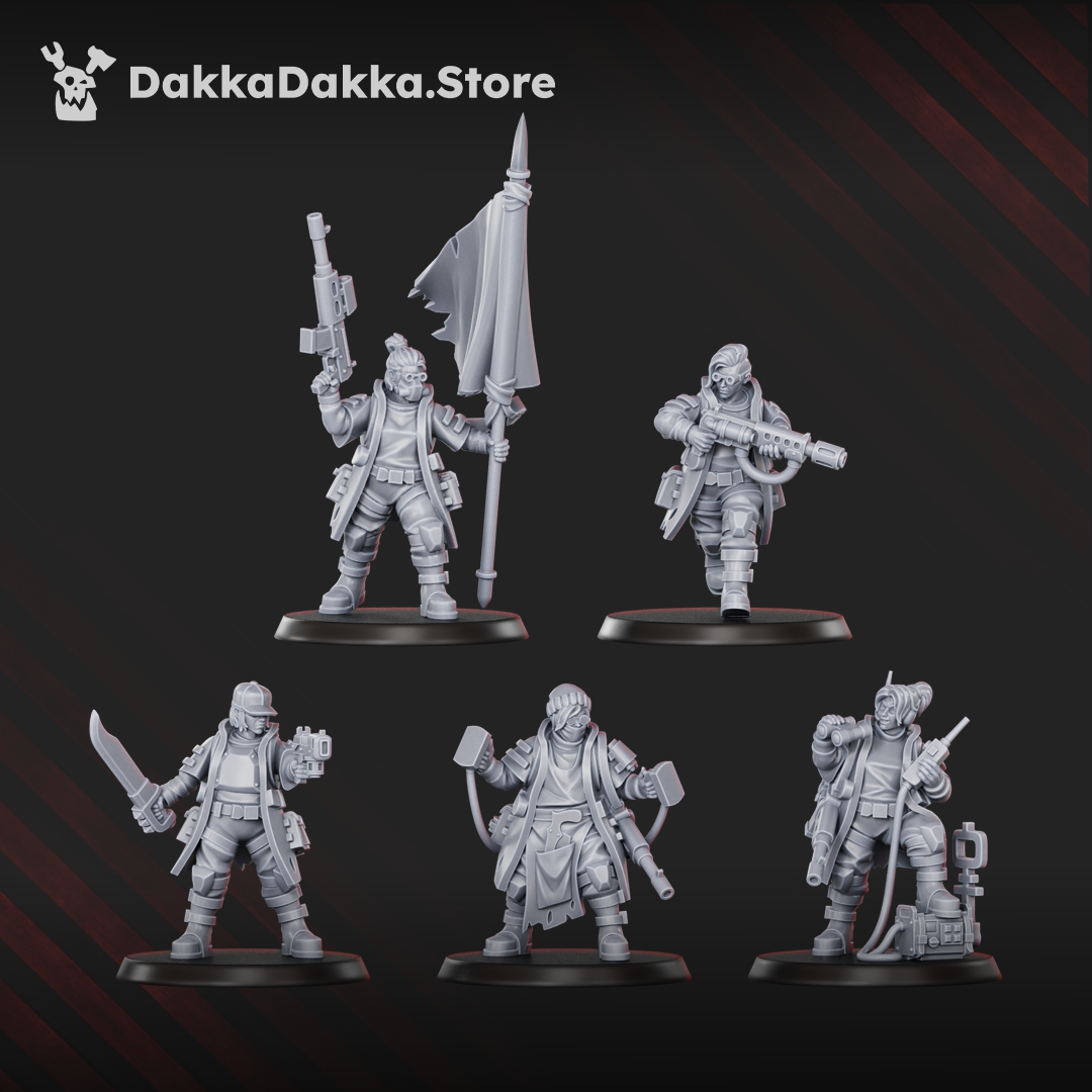 Alcat Rats Master Squad preassembled miniatures by DakkaDakka, showing 5 human sci-fi specialist models with rifles, blades, gear, and a ragged banner.