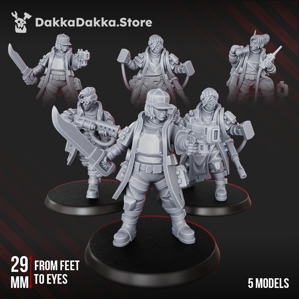 Alcat Rats Master Squad preassembled miniatures by DakkaDakka, showing 5 human sci-fi specialist models with rifles, blades, gear, and a ragged banner.