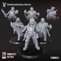 Alcat Rats Master Squad preassembled miniatures by DakkaDakka, showing 5 human sci-fi specialist models with rifles, blades, gear, and a ragged banner.