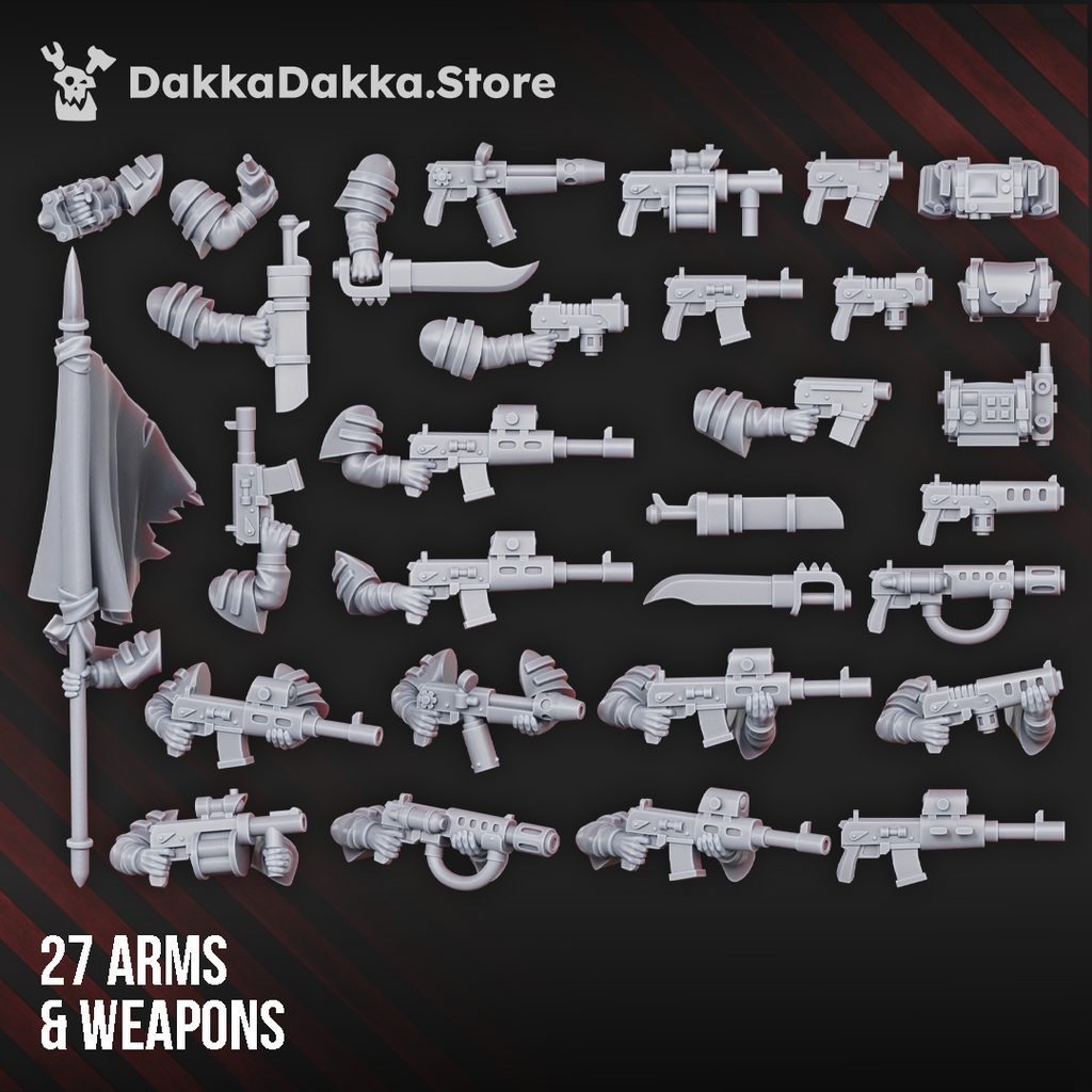 Alcat Rats Master Squad modular kit arms and weapons by DakkaDakka, including rifles, pistols, blades, banner parts, and specialist gear.