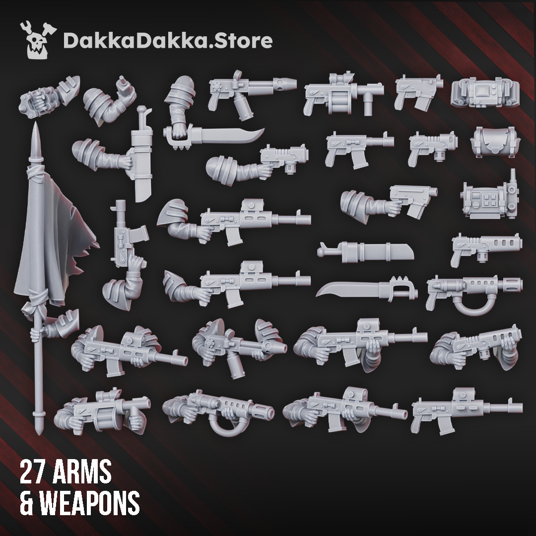 Alcat Rats Master Squad modular kit arms and weapons by DakkaDakka, including rifles, pistols, blades, banner parts, and specialist gear.