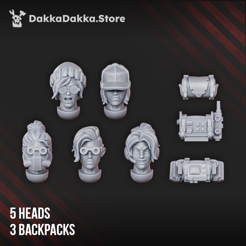 Alcat Rats Master Squad heads and backpacks by DakkaDakka, showing 5 head options and 3 backpack accessories.