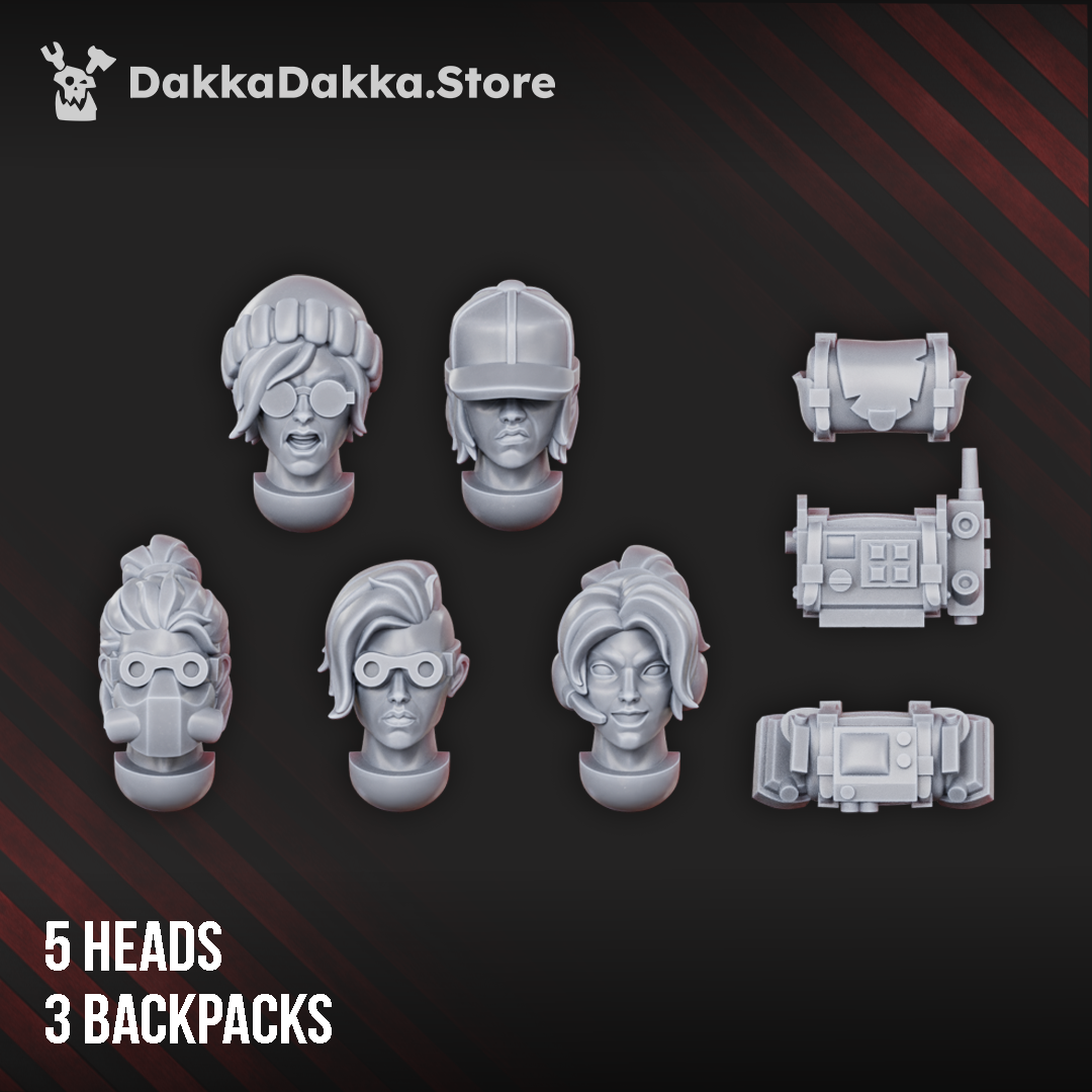 Alcat Rats Master Squad heads and backpacks by DakkaDakka, showing 5 head options and 3 backpack accessories.