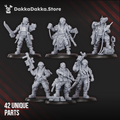 Modular Alcat Rats Master Squad resin miniature build kit by DakkaDakka, showing sci-fi human squad components, weapon options, heads, backpacks, and assembled model examples.
