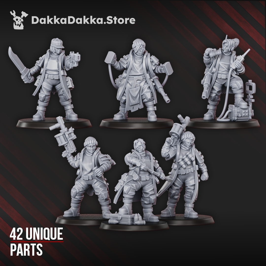 Modular Alcat Rats Master Squad resin miniature build kit by DakkaDakka, showing sci-fi human squad components, weapon options, heads, backpacks, and assembled model examples.