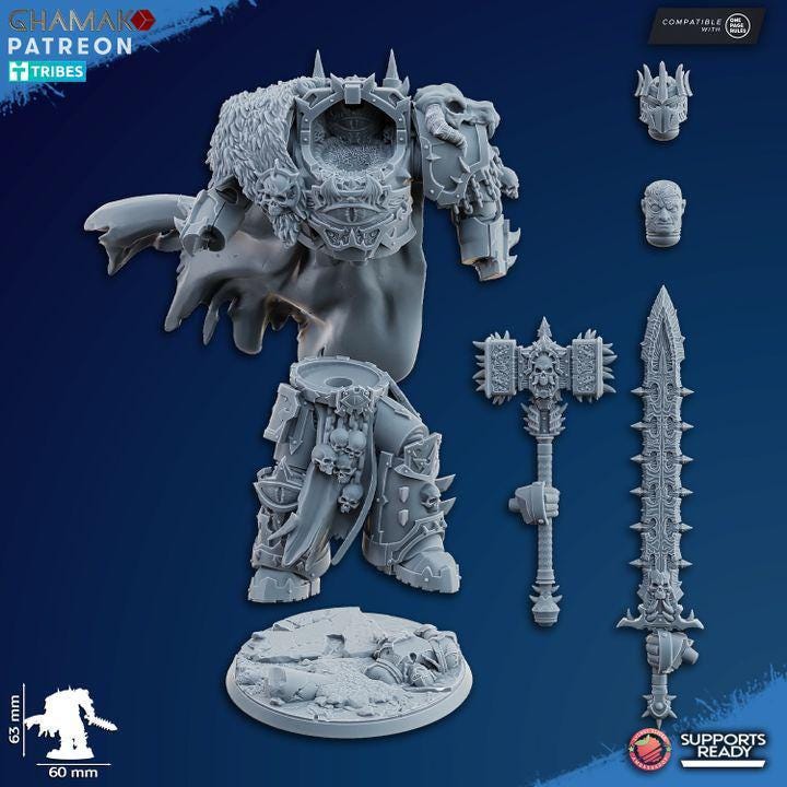 Unassembled gray resin 3D printed components for the Ammon the Traitor tabletop miniature kit.