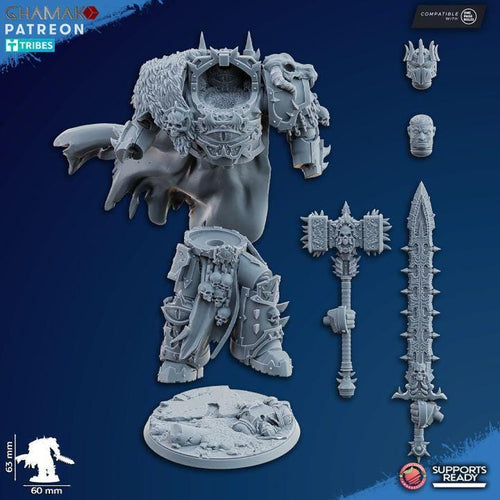 Unassembled gray resin 3D printed components for the Ammon the Traitor tabletop miniature kit.