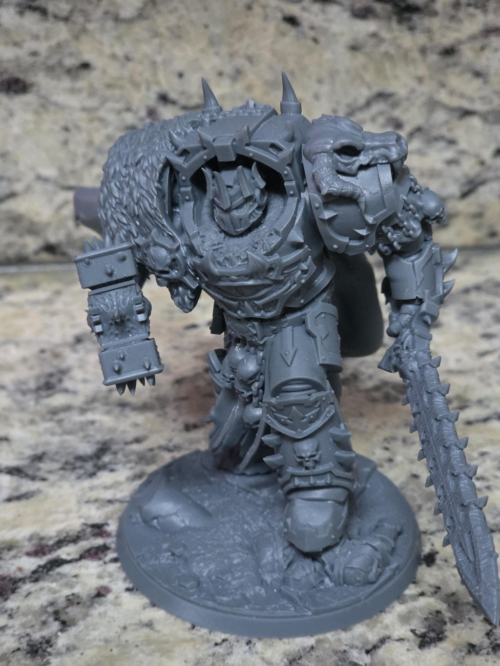 Close-up of the highly detailed resin armor, horns, and cape details on the Ammon the Traitor model kit.