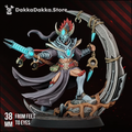 Front view of Anchorite Supay The Farstrike, a masked sci-fi warrior with a glowing staff and ornate crescent element