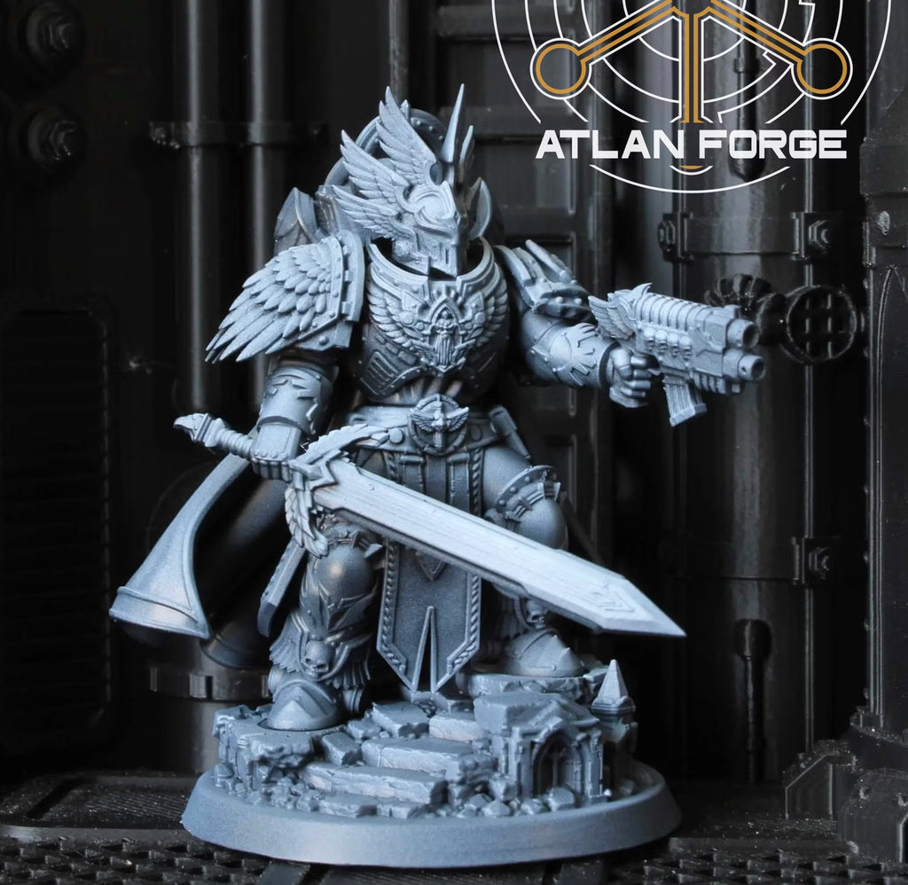 Printed Angelic High Commander sci-fi knight miniature holding a massive sword and winged firearm on a ruined base