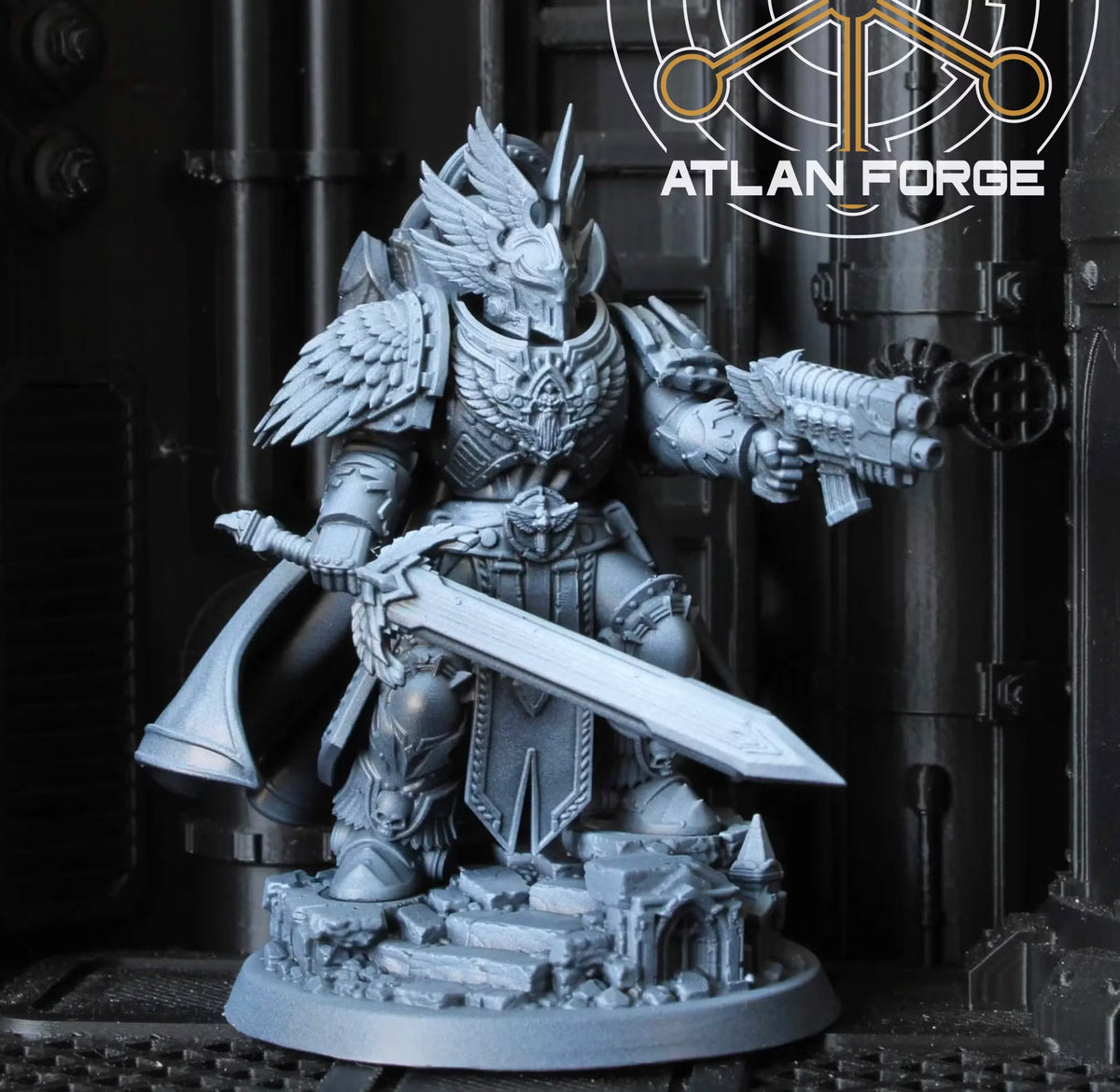Printed Angelic High Commander sci-fi knight miniature holding a massive sword and winged firearm on a ruined base
