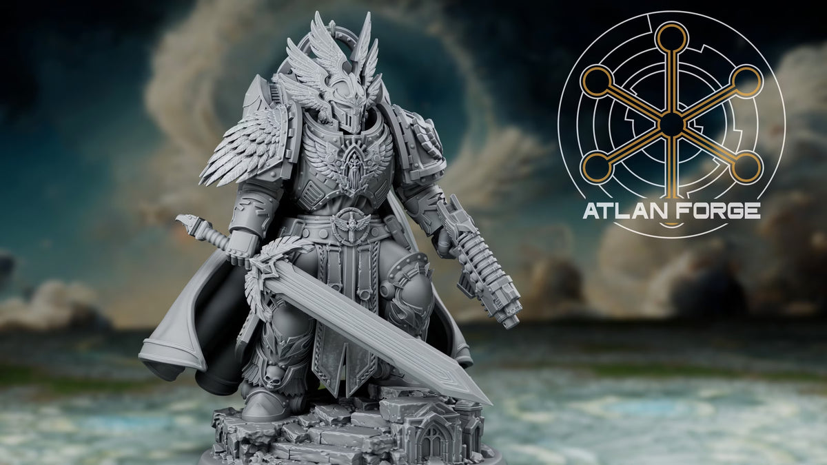 Angelic High Commander by Atlan Forge with winged armor, crested helmet, oversized sword, firearm, cape, and ruined scenic base