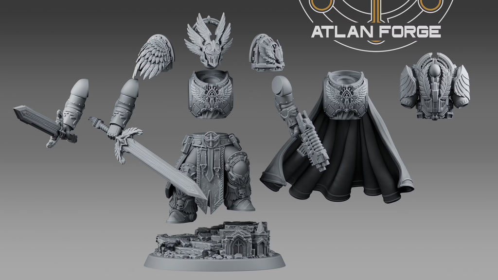 Angelic High Commander components showing winged helmet, decorated armor, cape, weapon arms, backpack, legs, and scenic base