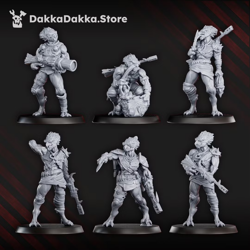 Front views of the first group of Annunnaki Tribe Hunter miniatures, showing varied firearms, equipment, and stalking poses.