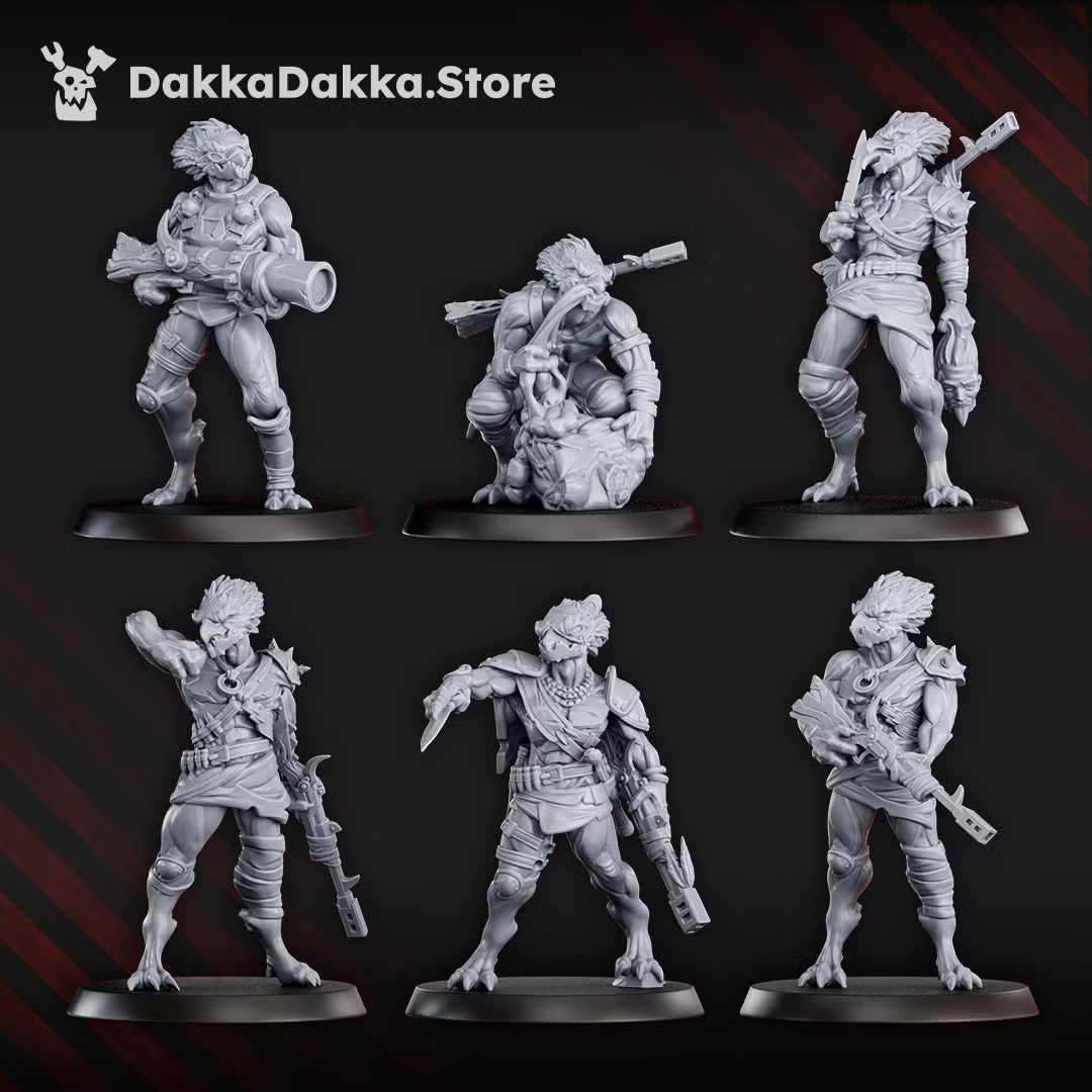 Front views of the first group of Annunnaki Tribe Hunter miniatures, showing varied firearms, equipment, and stalking poses.