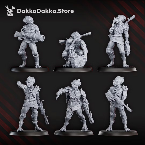 Front views of the first group of Annunnaki Tribe Hunter miniatures, showing varied firearms, equipment, and stalking poses.