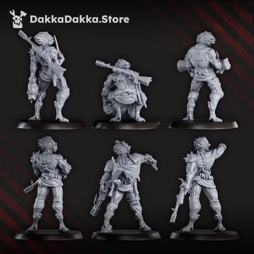 Rear views of the first group of Annunnaki Tribe Hunter miniatures, showing back-mounted weapons, gear, and clothing details.