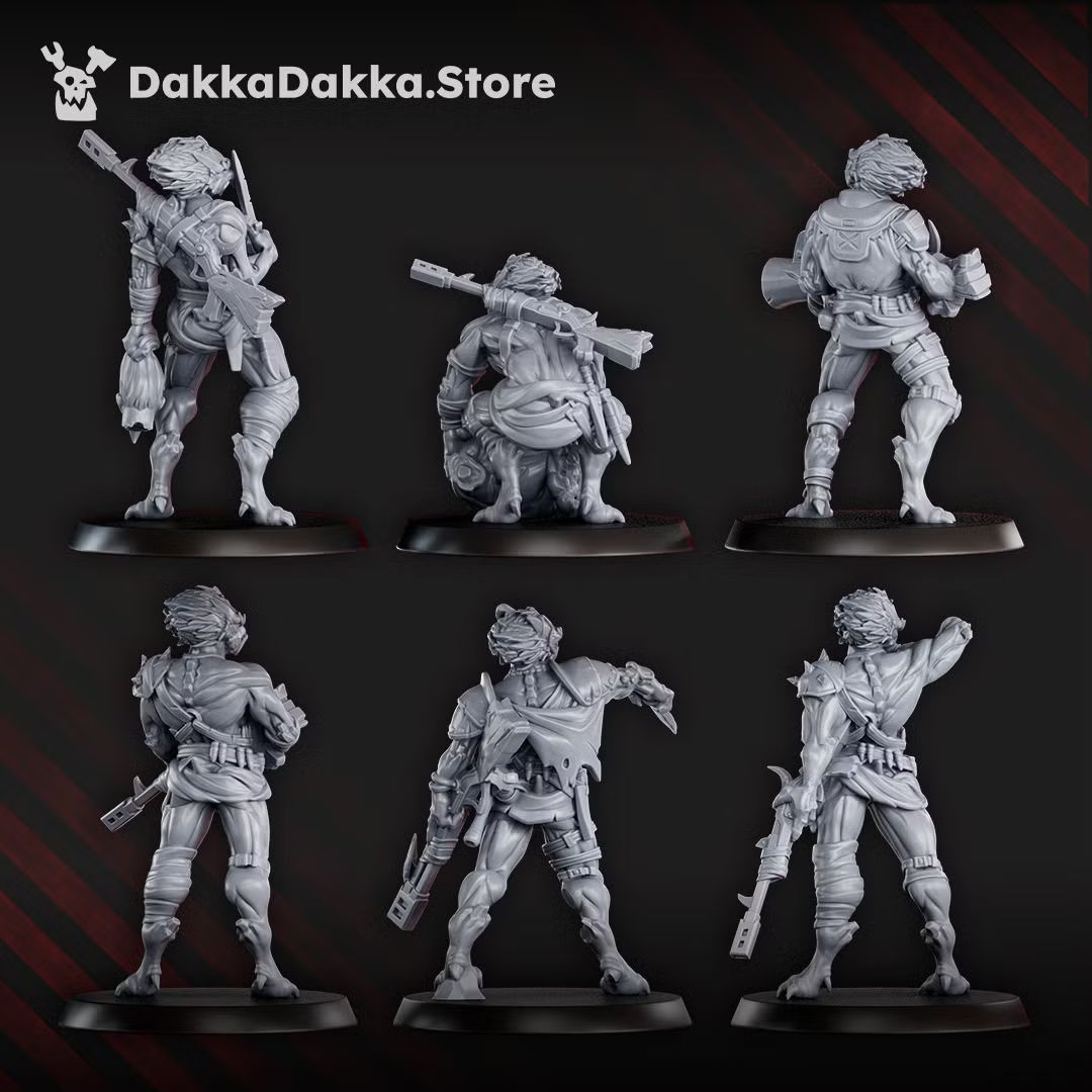 Rear views of the first group of Annunnaki Tribe Hunter miniatures, showing back-mounted weapons, gear, and clothing details.