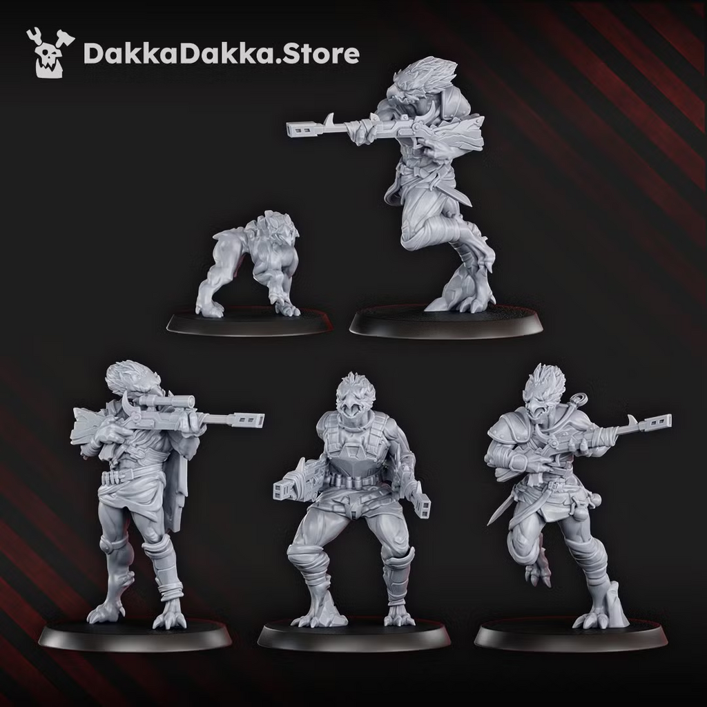 Front views of the remaining Annunnaki Tribe Hunter miniatures and companion creature, showing additional weapon options and poses.