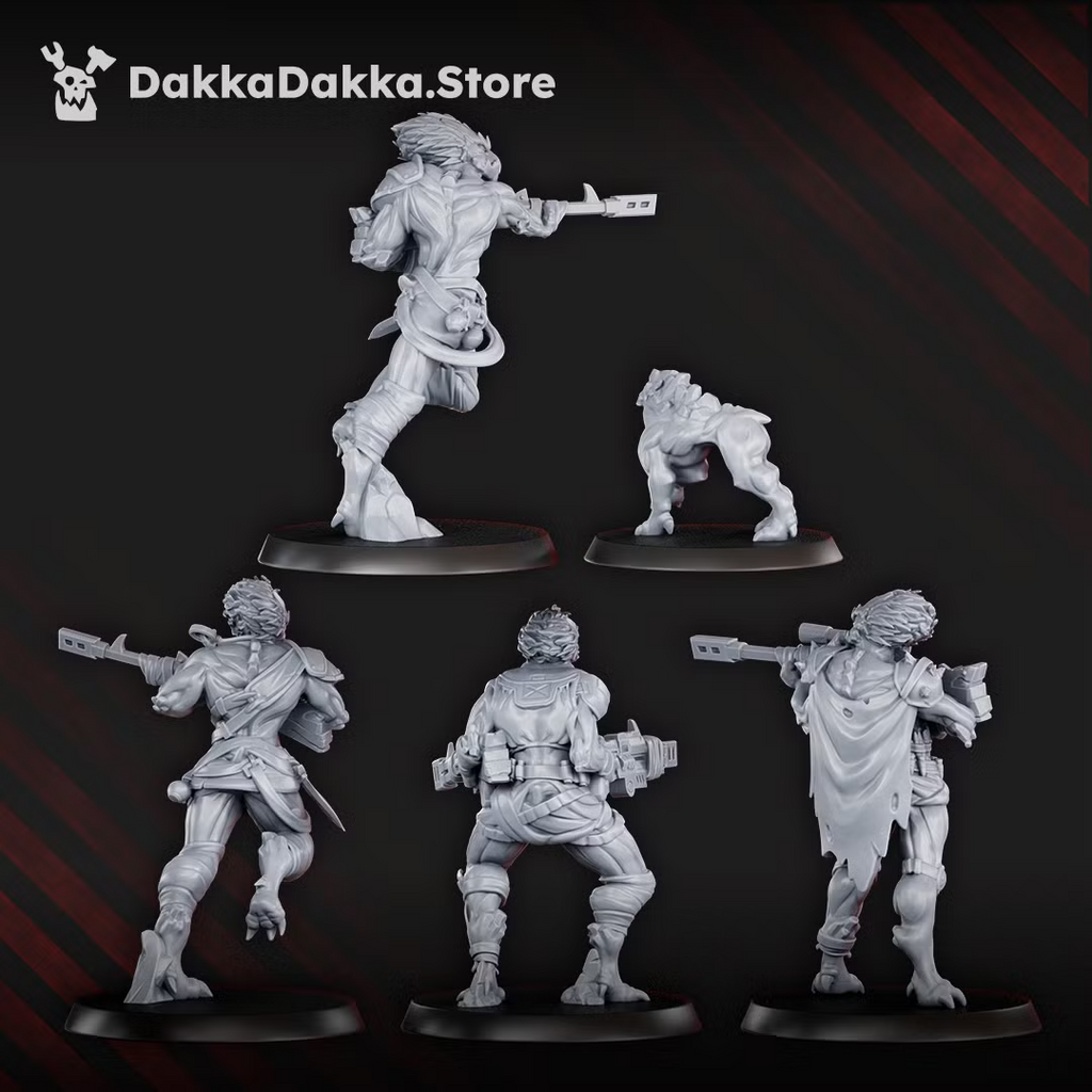 Rear views of the remaining Annunnaki Tribe Hunter miniatures and companion creature, showing cloaks, equipment, and weapon details.