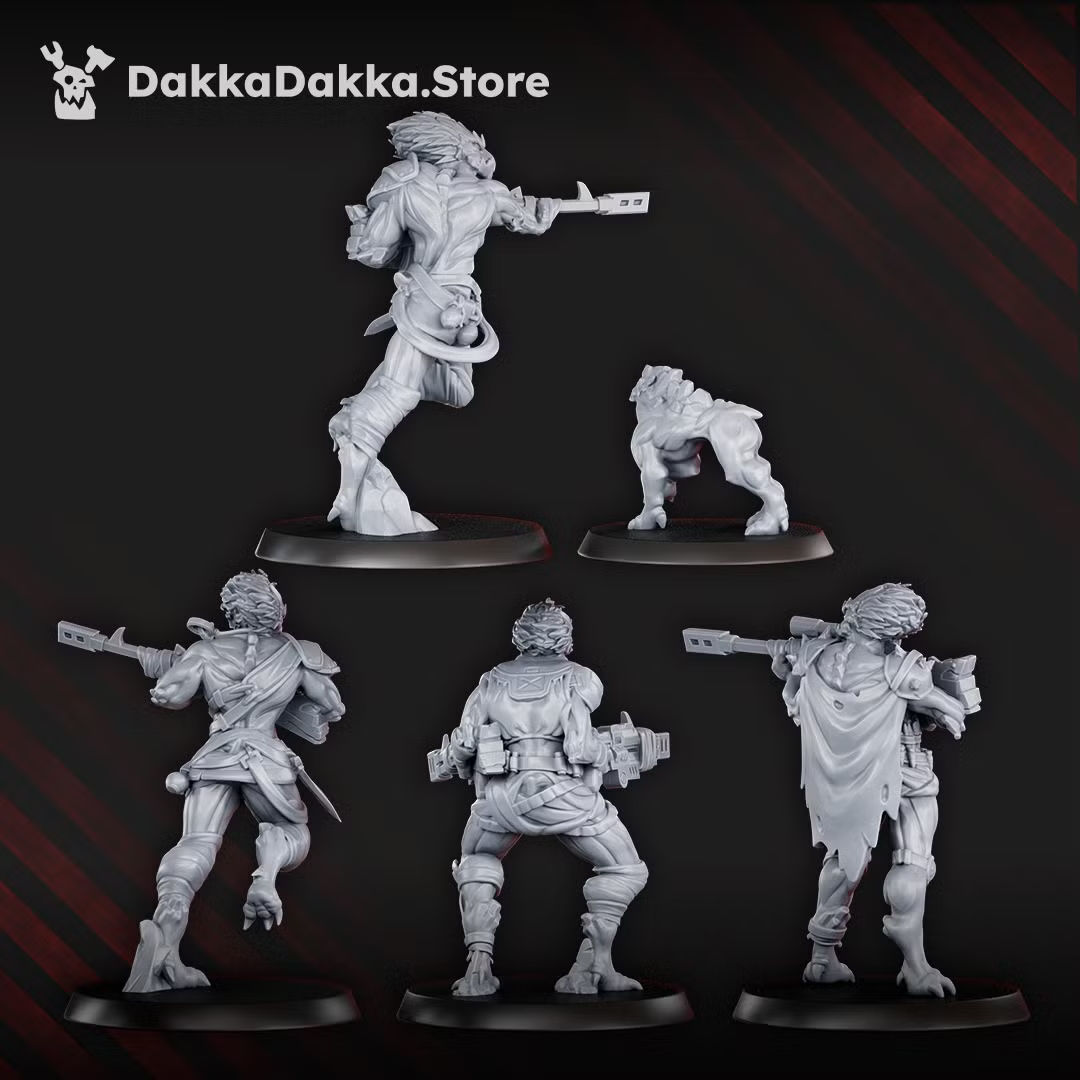 Rear views of the remaining Annunnaki Tribe Hunter miniatures and companion creature, showing cloaks, equipment, and weapon details.