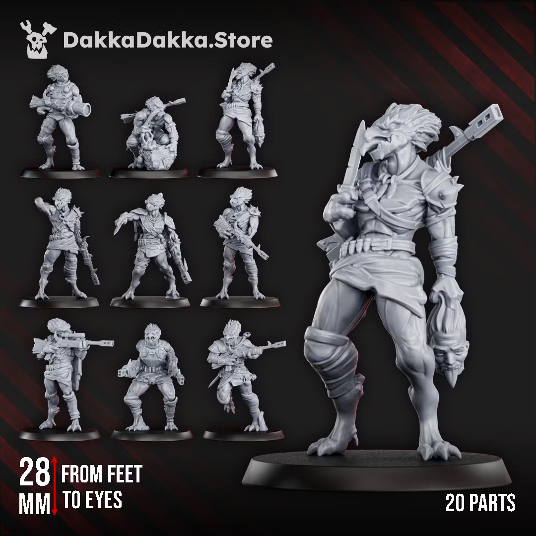 Annunnaki Tribe Hunters alien sci-fi squad, showing the 10-model set, a featured hunter with trophy head and rifle, 28mm scale callout, and 20-part callout.