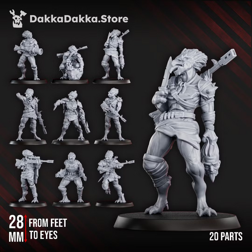 Annunnaki Tribe Hunters alien sci-fi squad, showing the 10-model set, a featured hunter with trophy head and rifle, 28mm scale callout, and 20-part callout.