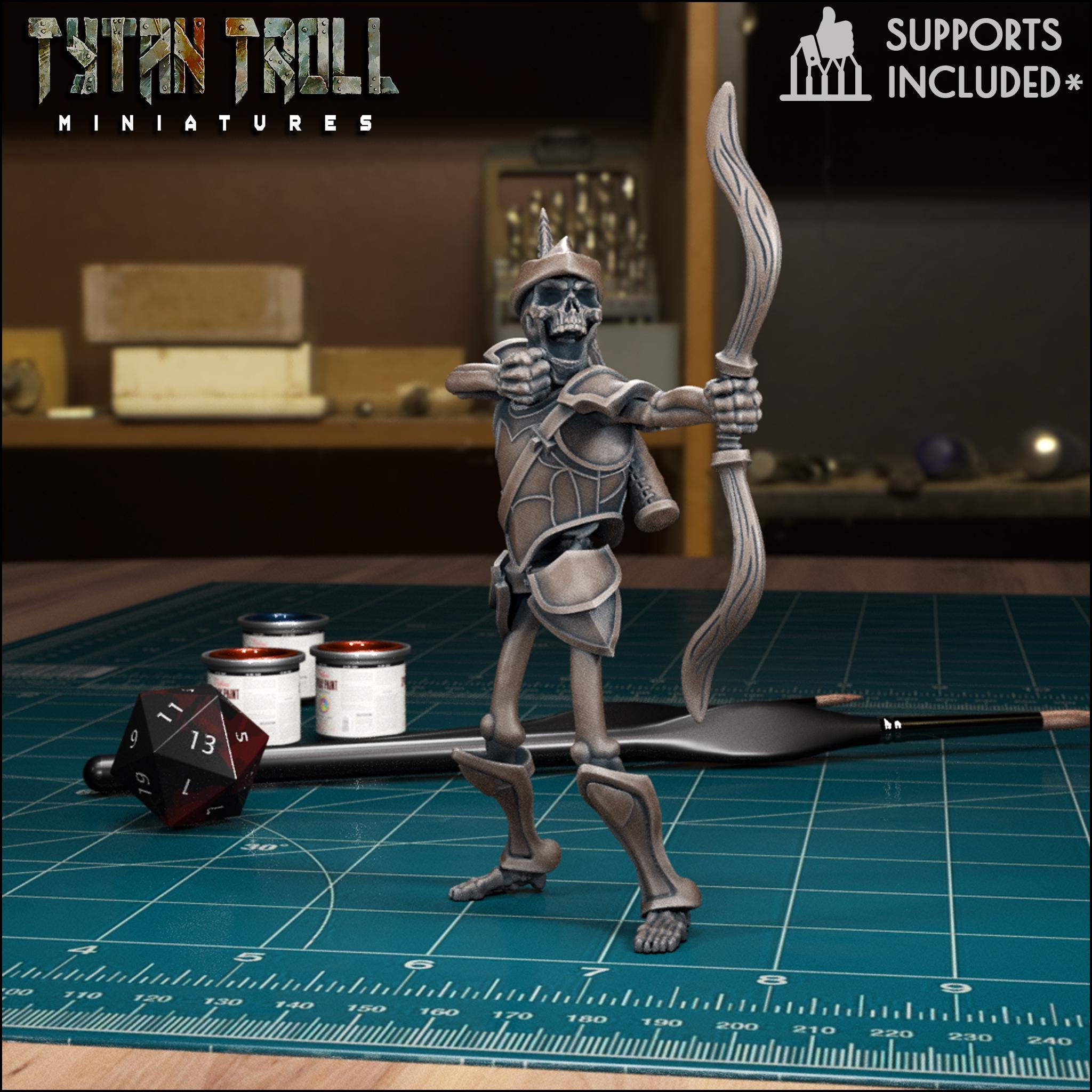Resin 3D‑printed skeleton archer miniature by TytanTroll aiming a bow.