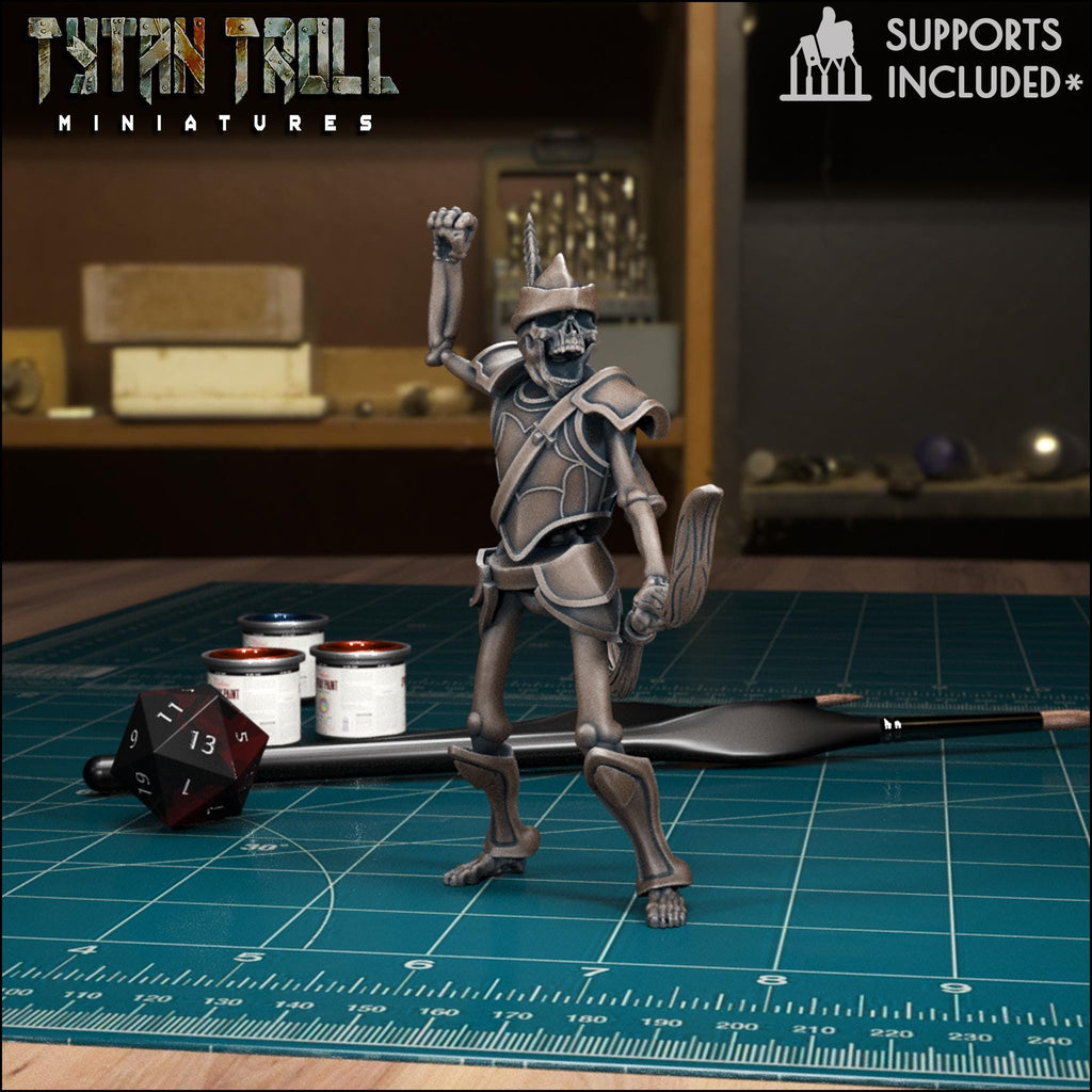 Resin 3D‑printed skeleton archer miniature by TytanTroll aiming a bow.