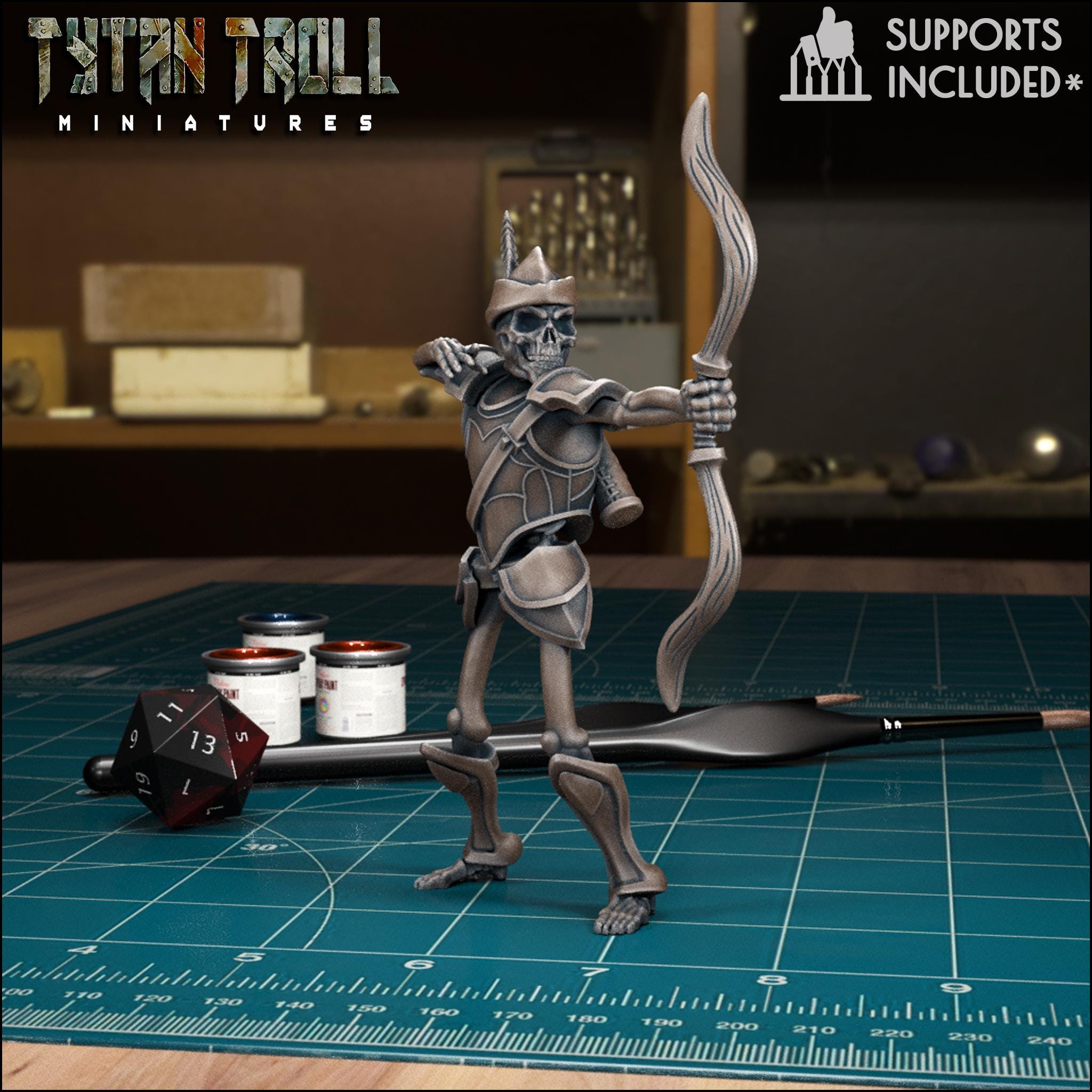 Resin 3D‑printed skeleton archer miniature by TytanTroll aiming a bow.