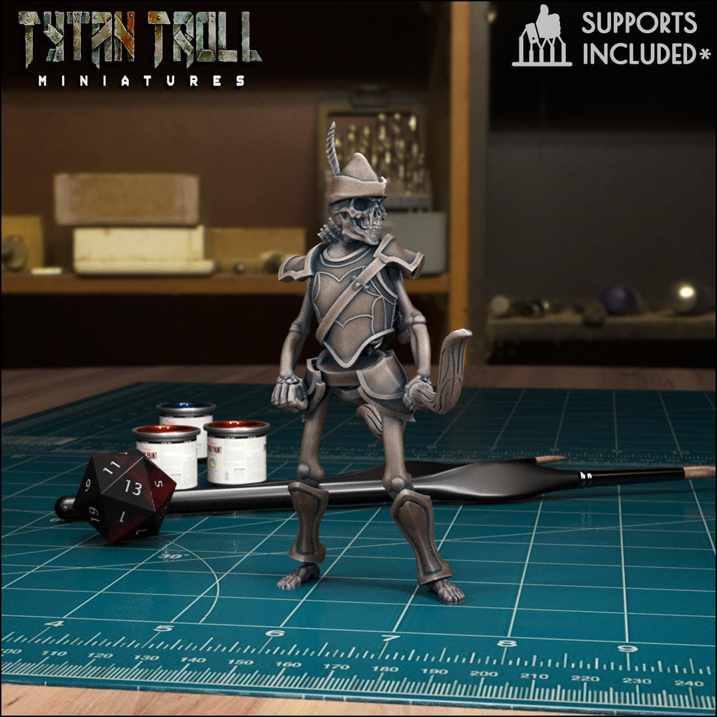 Resin 3D‑printed skeleton archer miniature by TytanTroll aiming a bow.